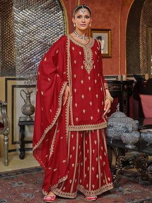 Adults-Women Woven Design Embroidered Kurta with Palazzos & Dupatta 4