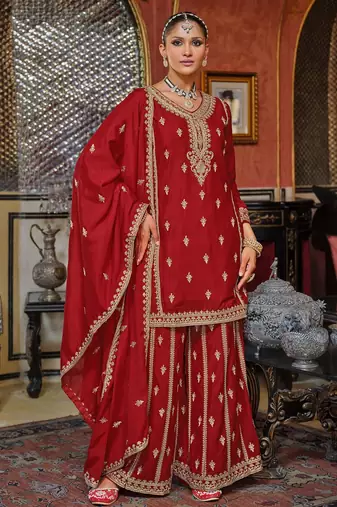 Adults-Women Woven Design Embroidered Kurta with Palazzos & Dupatta