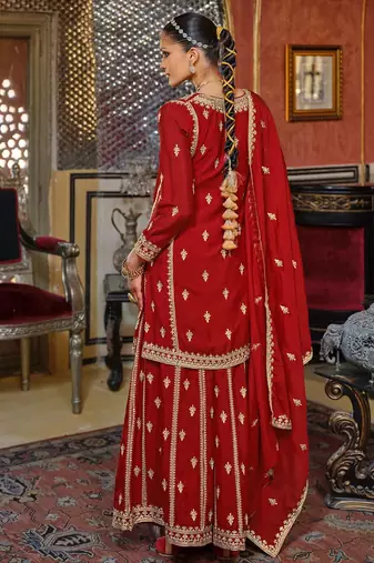 Adults-Women Woven Design Embroidered Kurta with Palazzos & Dupatta