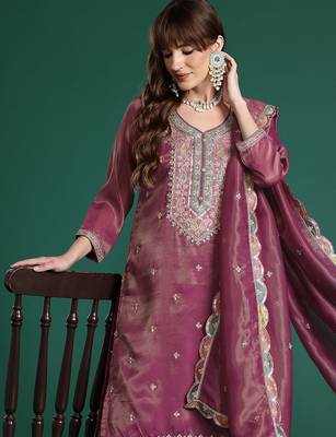 Ethnic Motifs Embroidered Sequinned Kurta with Palazzos & Dupatta 1