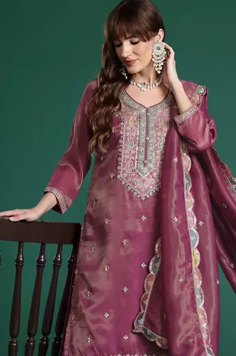 Ethnic Motifs Embroidered Sequinned Kurta with Palazzos & Dupatta