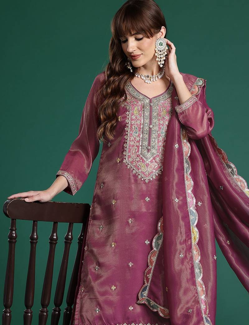 Ethnic Motifs Embroidered Sequinned Kurta with Palazzos & Dupatta