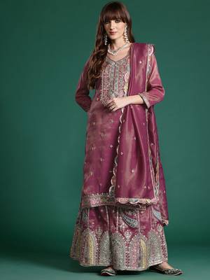 Ethnic Motifs Embroidered Sequinned Kurta with Palazzos & Dupatta 5
