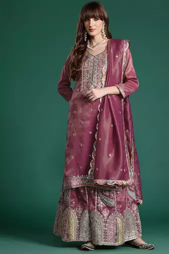 Ethnic Motifs Embroidered Sequinned Kurta with Palazzos & Dupatta