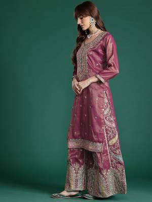 Ethnic Motifs Embroidered Sequinned Kurta with Palazzos & Dupatta 6