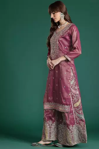 Ethnic Motifs Embroidered Sequinned Kurta with Palazzos & Dupatta