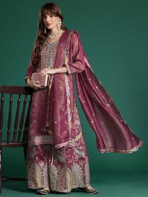 Ethnic Motifs Embroidered Sequinned Kurta with Palazzos & Dupatta 8