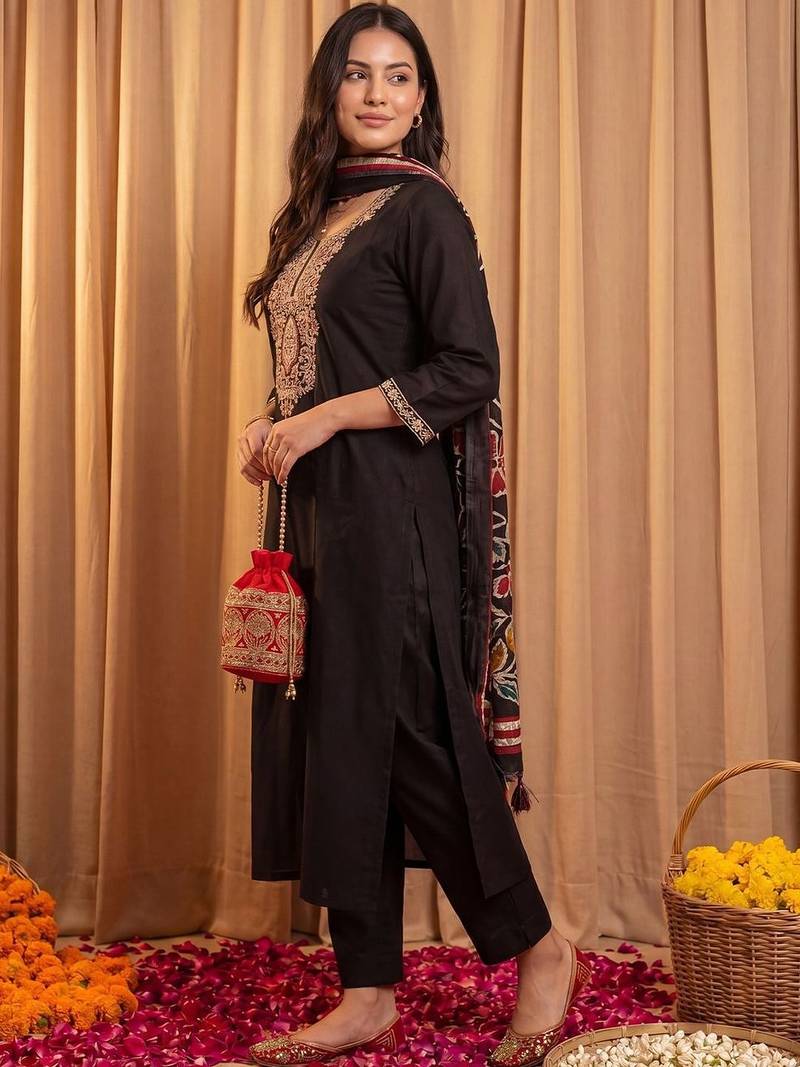 Women Ethnic Motifs Embroidered Regular Thread Work Kurta with Trousers & With Dupatta
