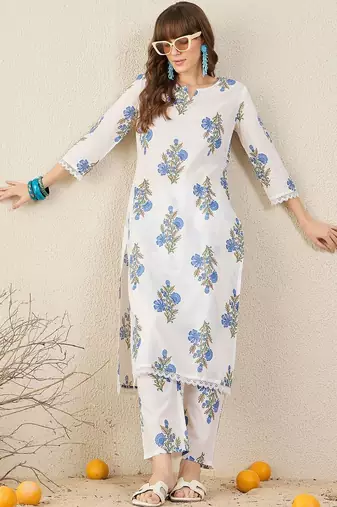Women Floral Printed Regular Pure Cotton Kurta with Trousers