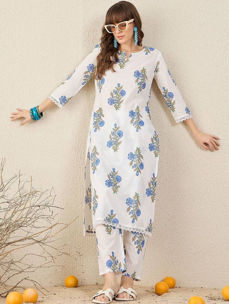 Women Floral Printed Regular Pure Cotton Kurta with Trousers