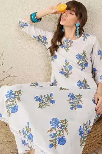 Women Floral Printed Regular Pure Cotton Kurta with Trousers