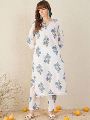 Women Floral Printed Regular Pure Cotton Kurta with Trousers 5