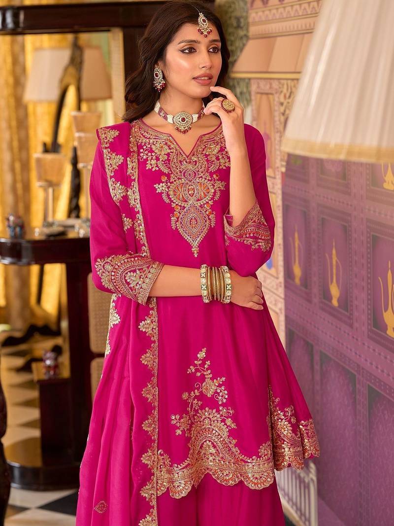 Women Ethnic Motifs Embroidered Regular Thread Work Kurta with Palazzos & With Dupatta
