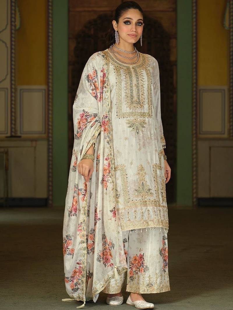 Women Floral Embroidered Regular Mirror Work Kurta with Palazzos & With Dupatta