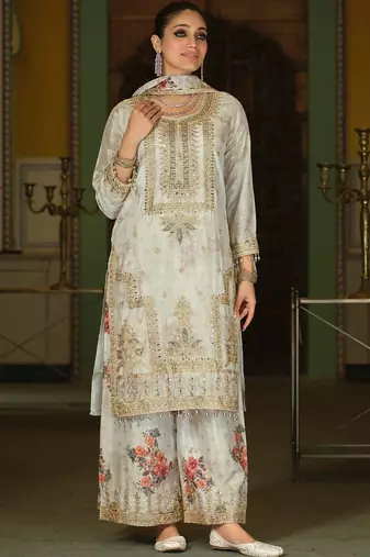 Women Floral Embroidered Regular Mirror Work Kurta with Palazzos & With Dupatta