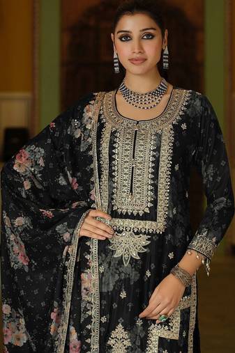 Women Floral Embroidered Regular Mirror Work Kurta with Palazzos & With Dupatta