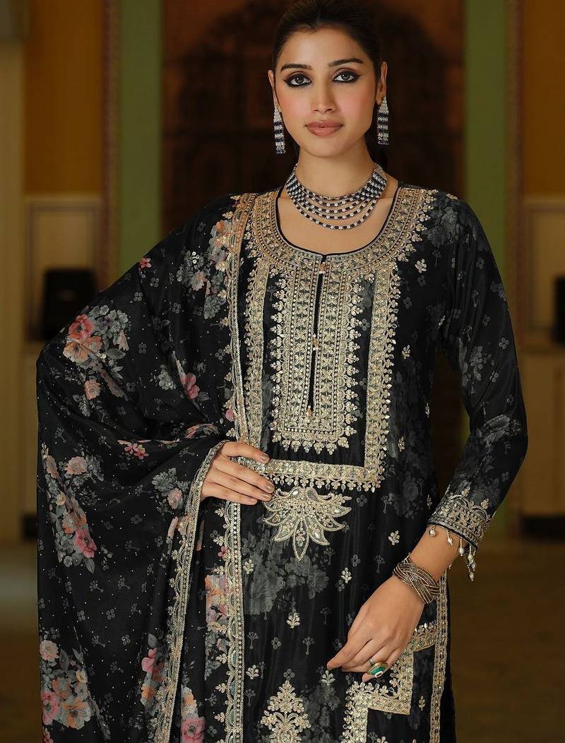 Women Floral Embroidered Regular Mirror Work Kurta with Palazzos & With Dupatta