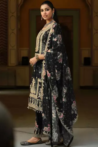 Women Floral Embroidered Regular Mirror Work Kurta with Palazzos & With Dupatta