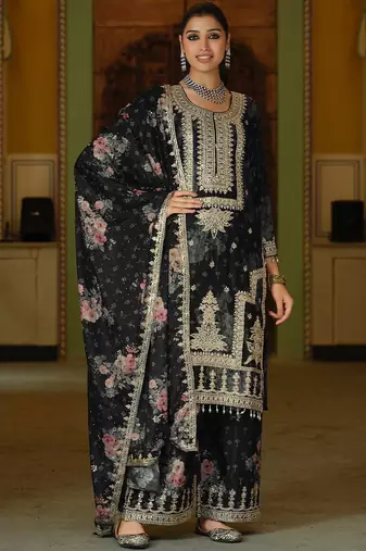 Women Floral Embroidered Regular Mirror Work Kurta with Palazzos & With Dupatta