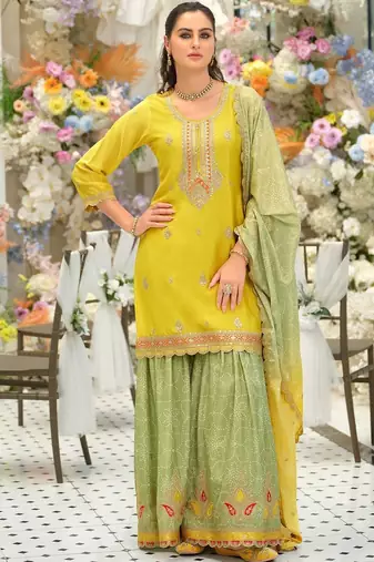 Women Ethnic Motifs Embroidered Regular Sequinned Kurta with Sharara & With Dupatta