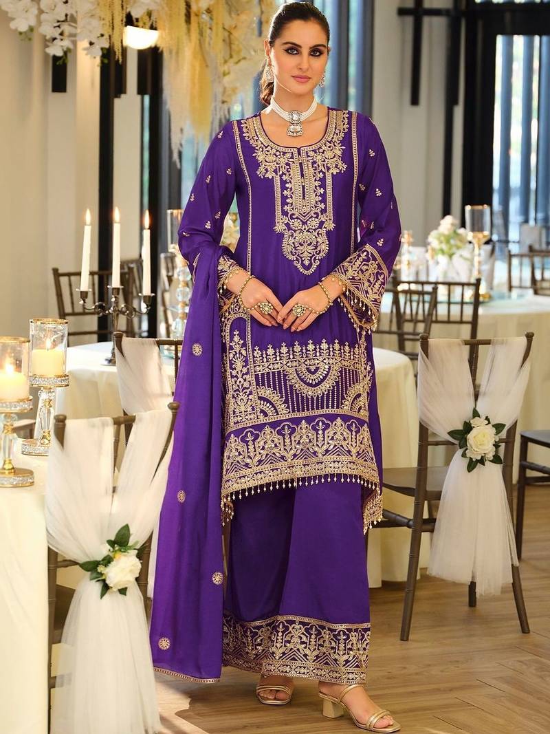Women Ethnic Motifs Embroidered Regular Thread Work Kurta with Palazzos & With Dupatta
