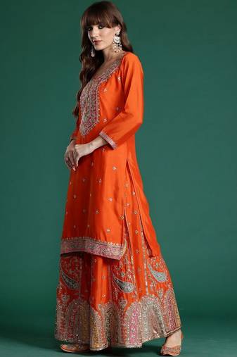 Women Ethnic Motifs Embroidered Regular Sequinned Kurta with Sharara & With Dupatta