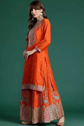 Women Ethnic Motifs Embroidered Regular Sequinned Kurta with Sharara & With Dupatta