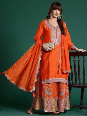 Women Ethnic Motifs Embroidered Regular Sequinned Kurta with Sharara & With Dupatta 2