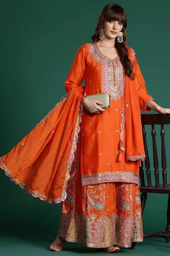 Women Ethnic Motifs Embroidered Regular Sequinned Kurta with Sharara & With Dupatta