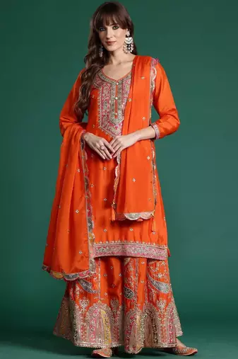 Women Ethnic Motifs Embroidered Regular Sequinned Kurta with Sharara & With Dupatta