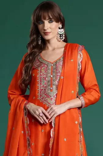 Women Ethnic Motifs Embroidered Regular Sequinned Kurta with Sharara & With Dupatta