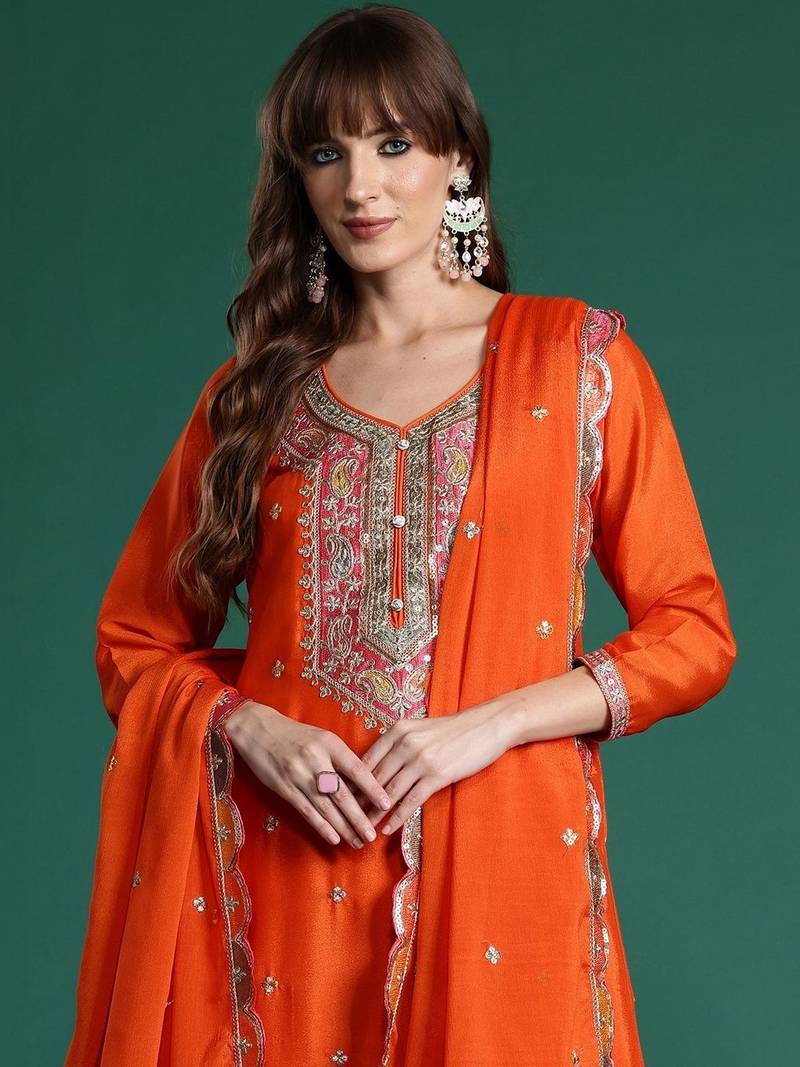 Women Ethnic Motifs Embroidered Regular Sequinned Kurta with Sharara & With Dupatta