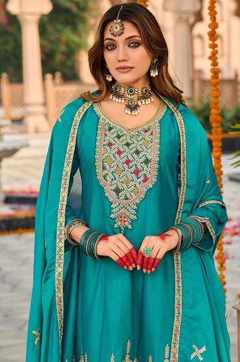 Floral Embroidered Mirror Work Sequinned Anarkali Kurta With Dhoti & Dupatta