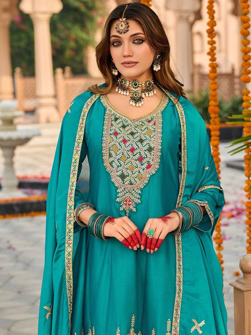 Floral Embroidered Mirror Work Sequinned Anarkali Kurta With Dhoti & Dupatta