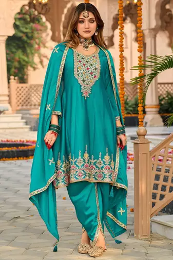 Floral Embroidered Mirror Work Sequinned Anarkali Kurta With Dhoti & Dupatta