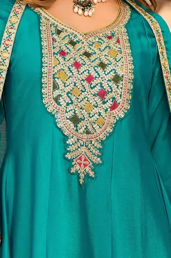 Floral Embroidered Mirror Work Sequinned Anarkali Kurta With Dhoti & Dupatta