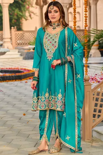 Floral Embroidered Mirror Work Sequinned Anarkali Kurta With Dhoti & Dupatta