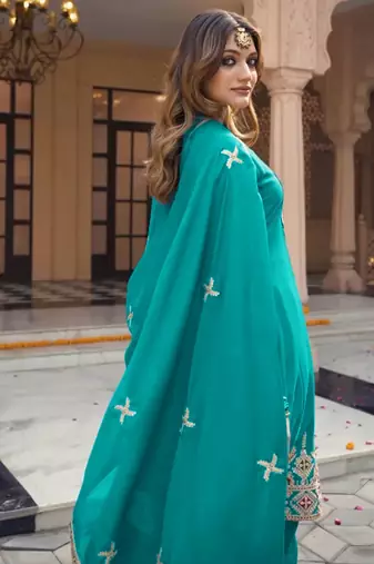 Floral Embroidered Mirror Work Sequinned Anarkali Kurta With Dhoti & Dupatta