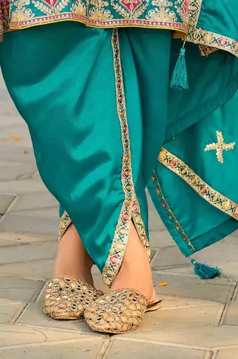Floral Embroidered Mirror Work Sequinned Anarkali Kurta With Dhoti & Dupatta
