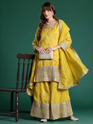 Ethnic Motifs Embroidered Sequinned Kurta with Palazzos & With Dupatta 1