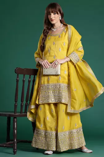 Ethnic Motifs Embroidered Sequinned Kurta with Palazzos & With Dupatta