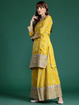 Ethnic Motifs Embroidered Sequinned Kurta with Palazzos & With Dupatta 5