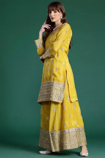 Ethnic Motifs Embroidered Sequinned Kurta with Palazzos & With Dupatta