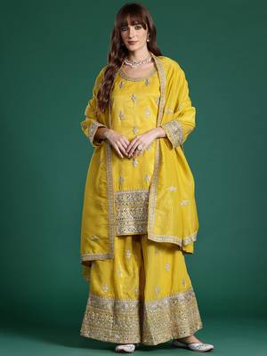 Ethnic Motifs Embroidered Sequinned Kurta with Palazzos & With Dupatta 7