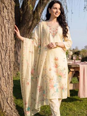 Women Floral Embroidered Regular Thread Work Linen Kurta with Trousers & With Dupatta 3