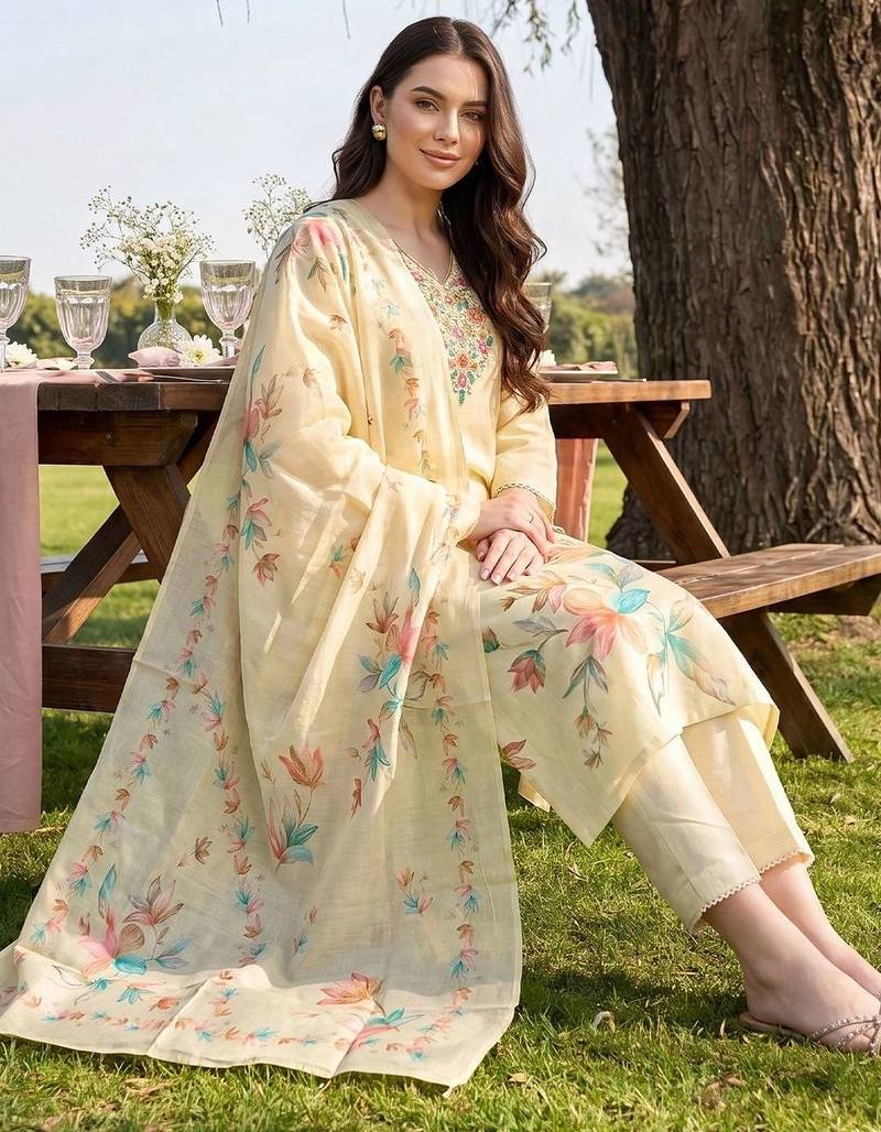 Women Floral Embroidered Regular Thread Work Linen Kurta with Trousers & With Dupatta