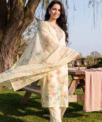 Women Floral Embroidered Regular Thread Work Linen Kurta with Trousers & With Dupatta 6