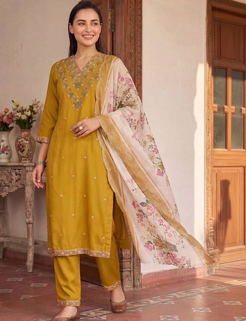 Women Floral Embroidered Regular Thread Work Kurta with Trousers & With Dupatta
