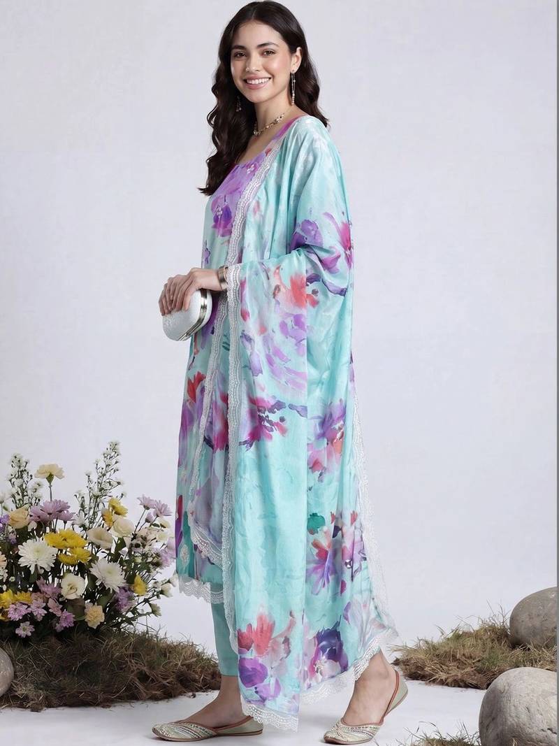 Women Floral Printed Regular Kurta with Trousers & With Dupatta