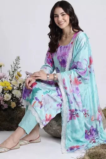 Women Floral Printed Regular Kurta with Trousers & With Dupatta